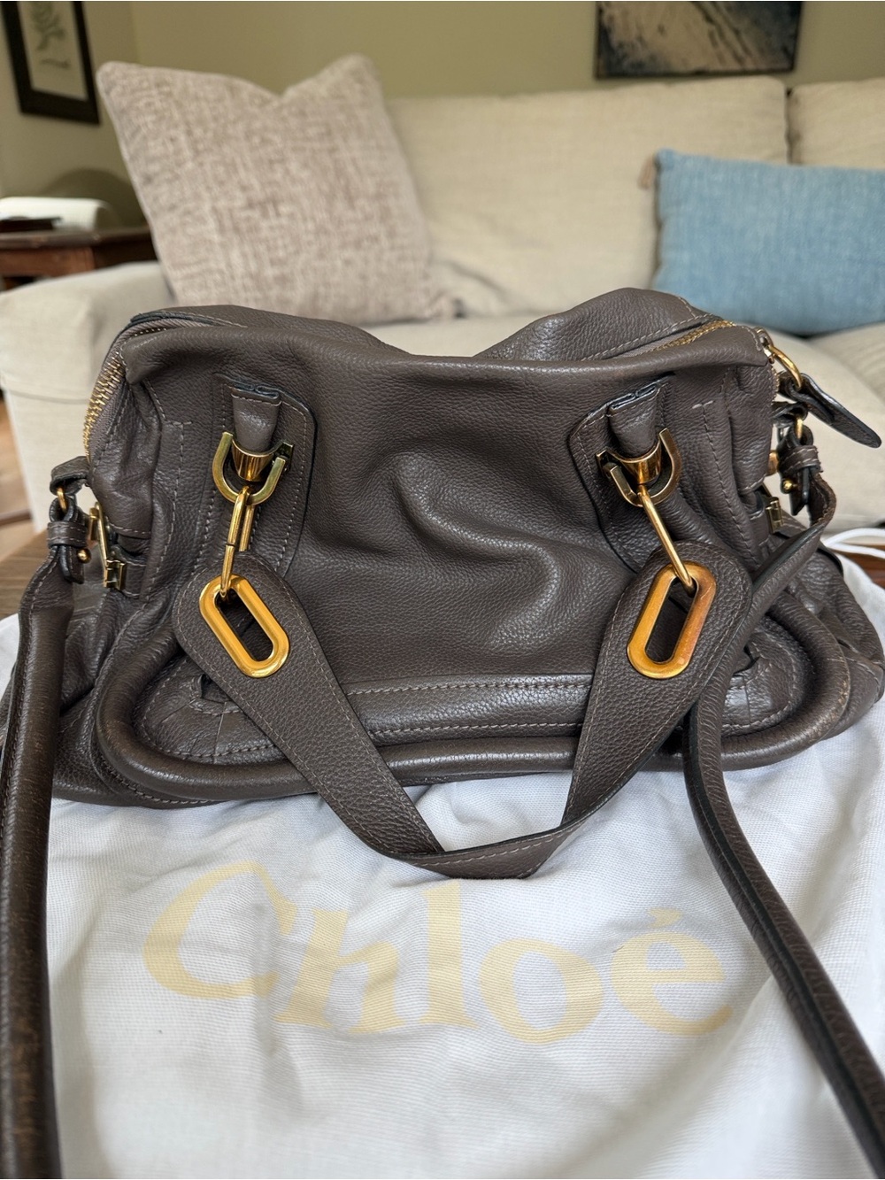 Chloé Paraty Medium Leather Satchel Shoulder Bag Grey/Brown Gold Hardware - Picture 2 of 9